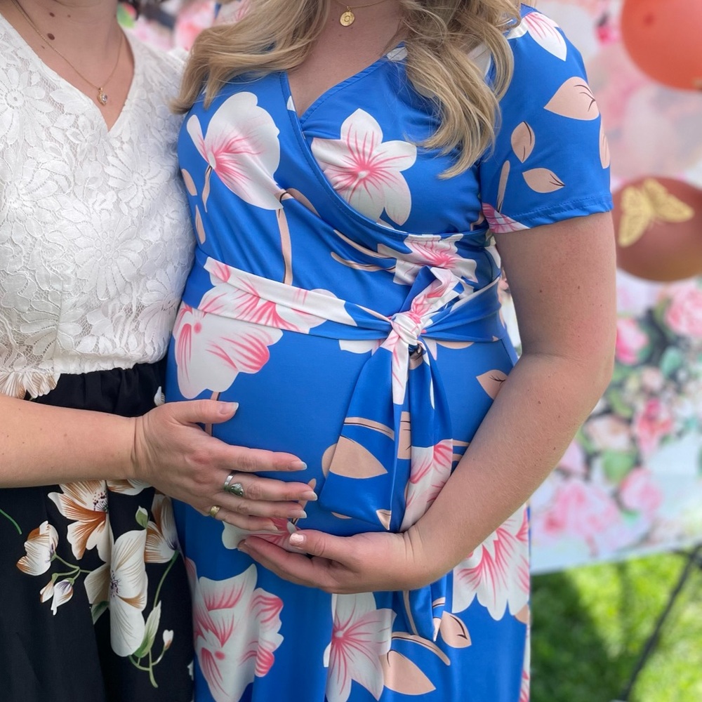 Maternity Floral Wrap Dress in Blue and White
